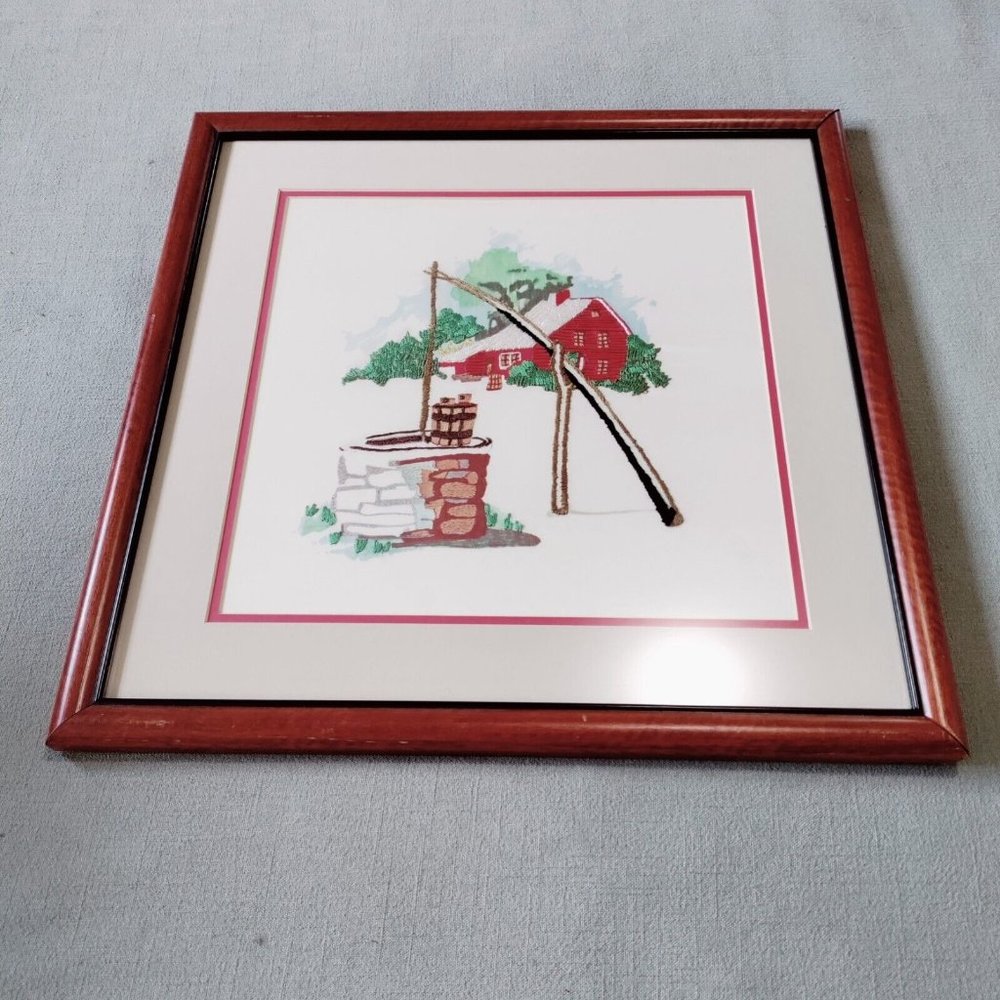 Vtg Needlework Embroidery Art Framed Red Farm House/Barn Well 18.75" Square